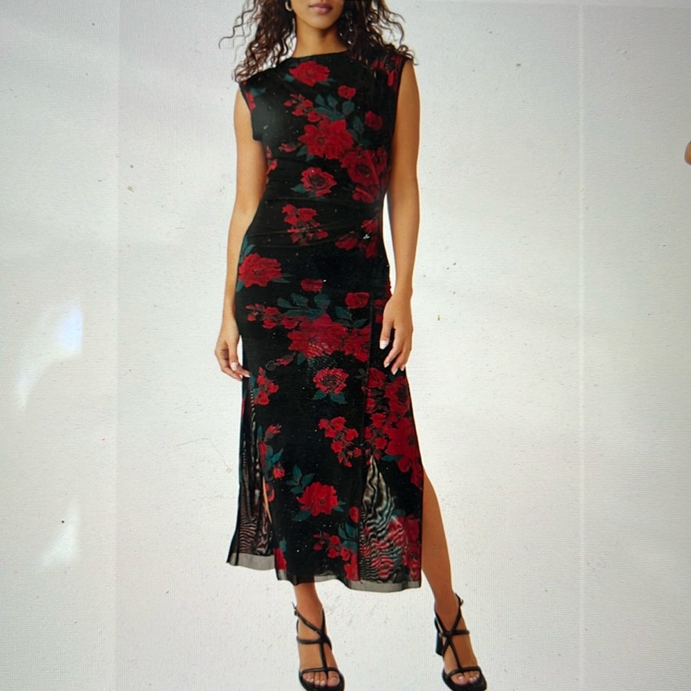 Free People Carmel Floral Mesh Dress M Black/Red NWOT